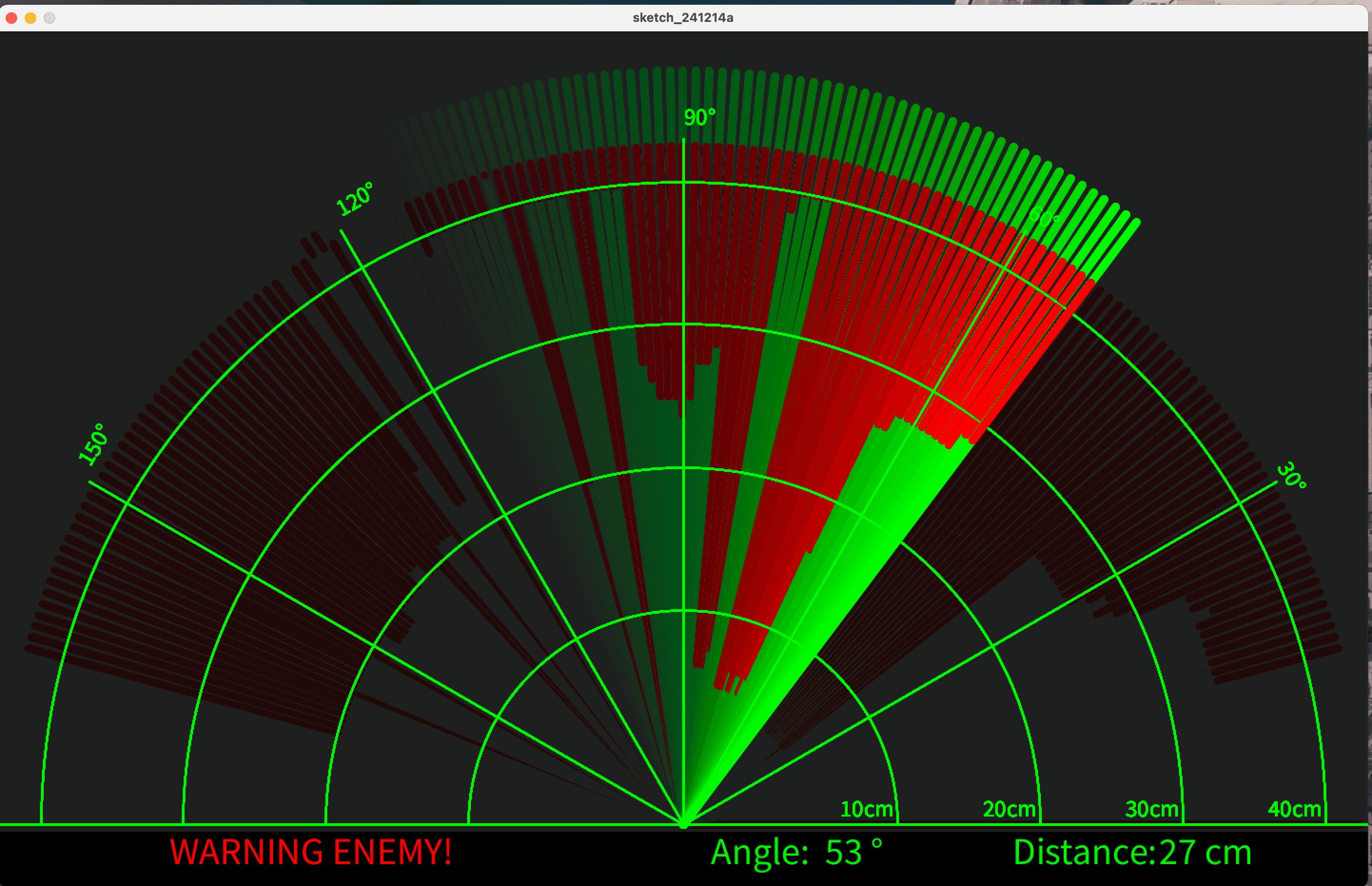 The Processing app drawing the sweep and detected object distance in real time.