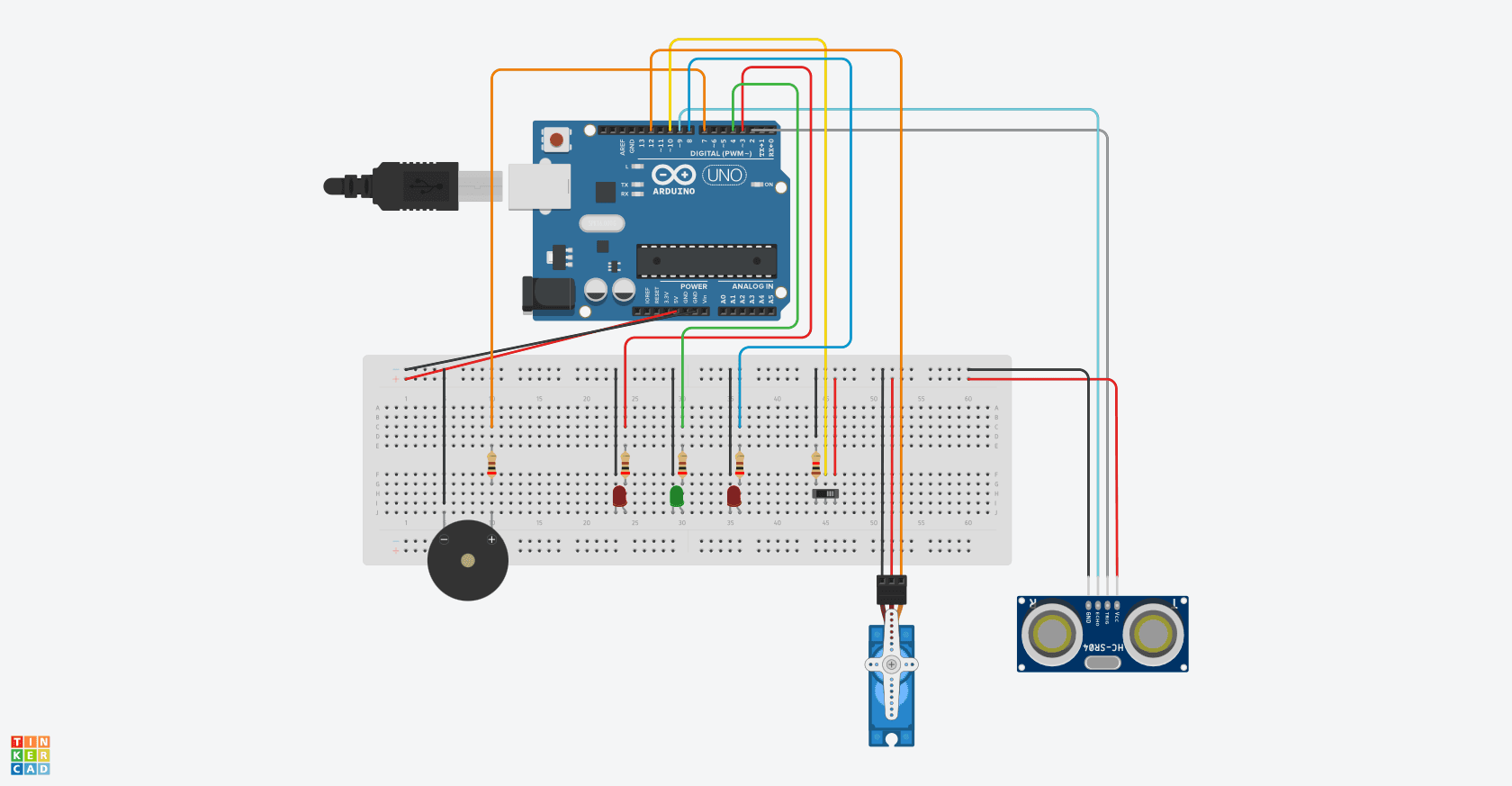 Circuit wiring, simulated in Tinkercad: Arduino Uno, HC-SR04, 9 g servo, buzzer and slide switch.
